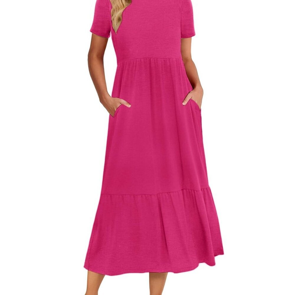 Summer Maxi Dress Tiered Swing Flowy Casual Short Sleeve with Pockets
